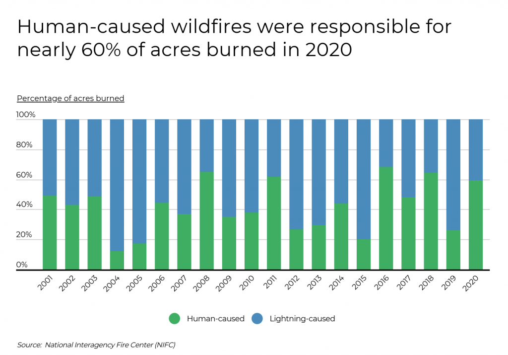 Human-caused fires accounted for nearly 60% of acres burned in 2020
